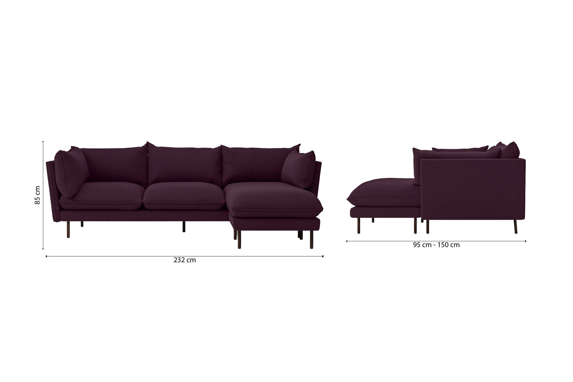 Pistoia 3 Seater Right Hand Facing Chaise Lounge Corner Sofa Purple Linen Fabric