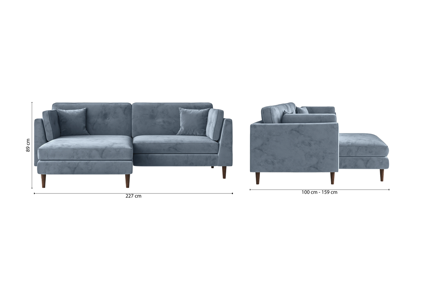 Ragusa 3 Seater Left Hand Facing Chaise Lounge Corner Sofa Baby Blue Velvet