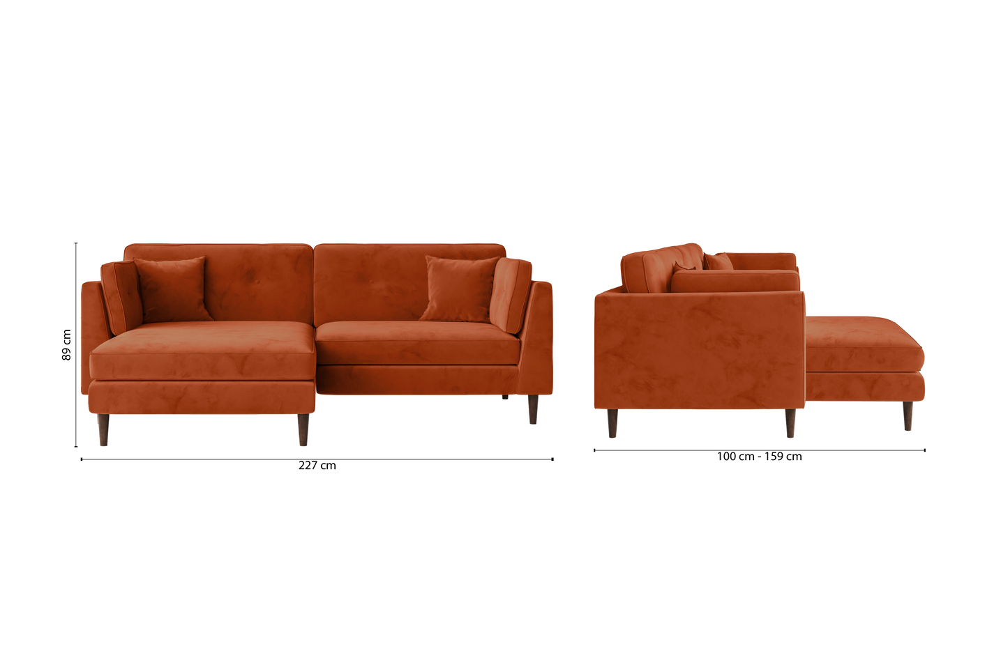 Ragusa 3 Seater Left Hand Facing Chaise Lounge Corner Sofa Orange Velvet