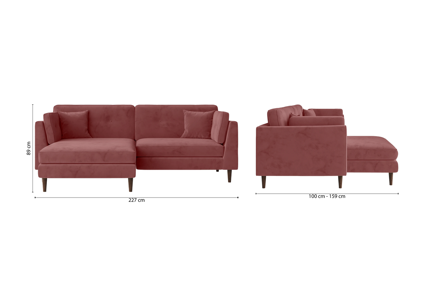 Ragusa 3 Seater Left Hand Facing Chaise Lounge Corner Sofa Pink Velvet