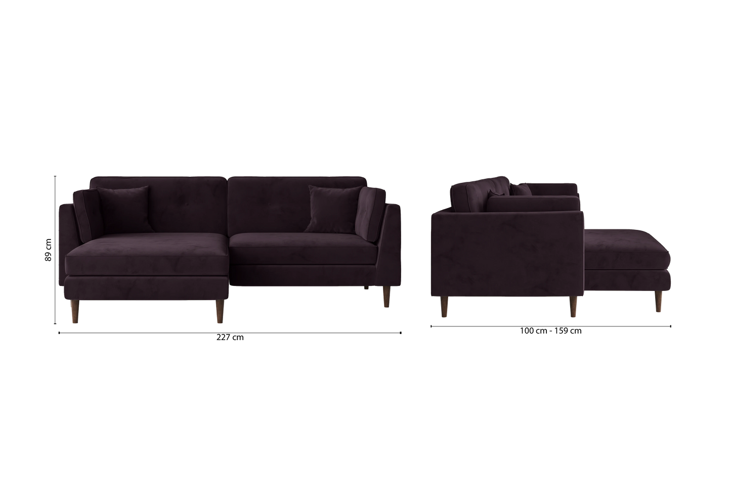 Ragusa 3 Seater Left Hand Facing Chaise Lounge Corner Sofa Purple Velvet