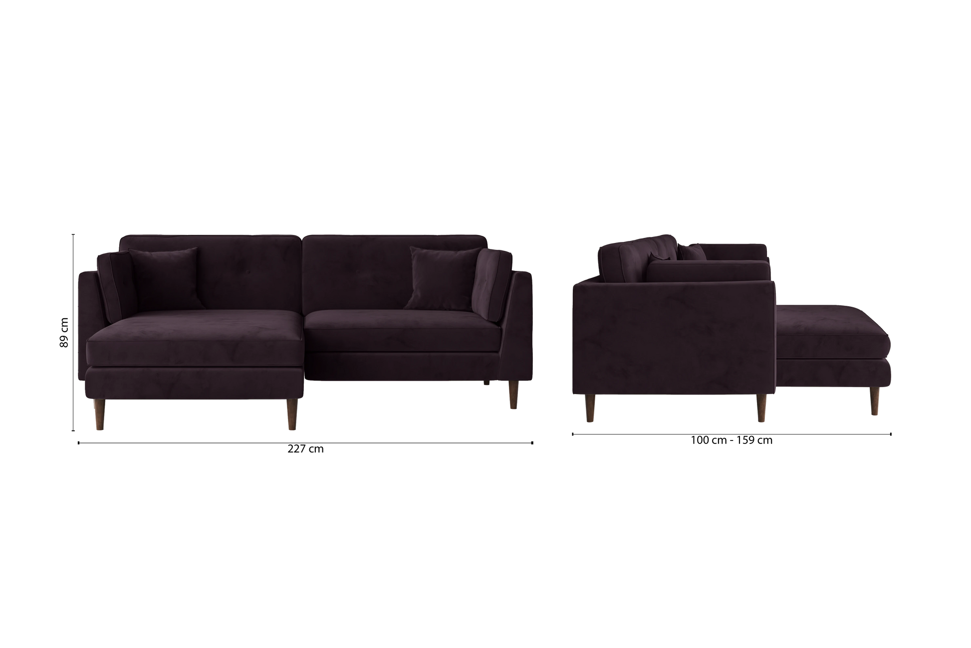 Ragusa 3 Seater Left Hand Facing Chaise Lounge Corner Sofa Purple Velvet