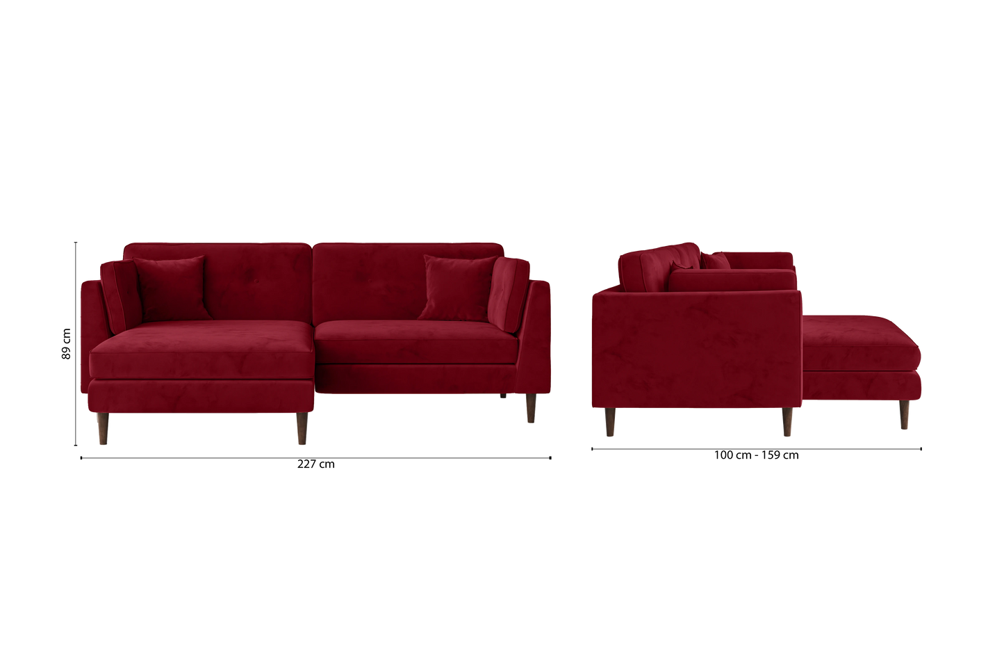 Ragusa 3 Seater Left Hand Facing Chaise Lounge Corner Sofa Red Velvet