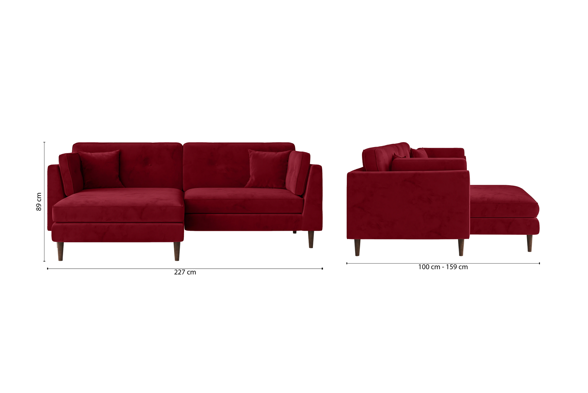 Ragusa 3 Seater Left Hand Facing Chaise Lounge Corner Sofa Red Velvet