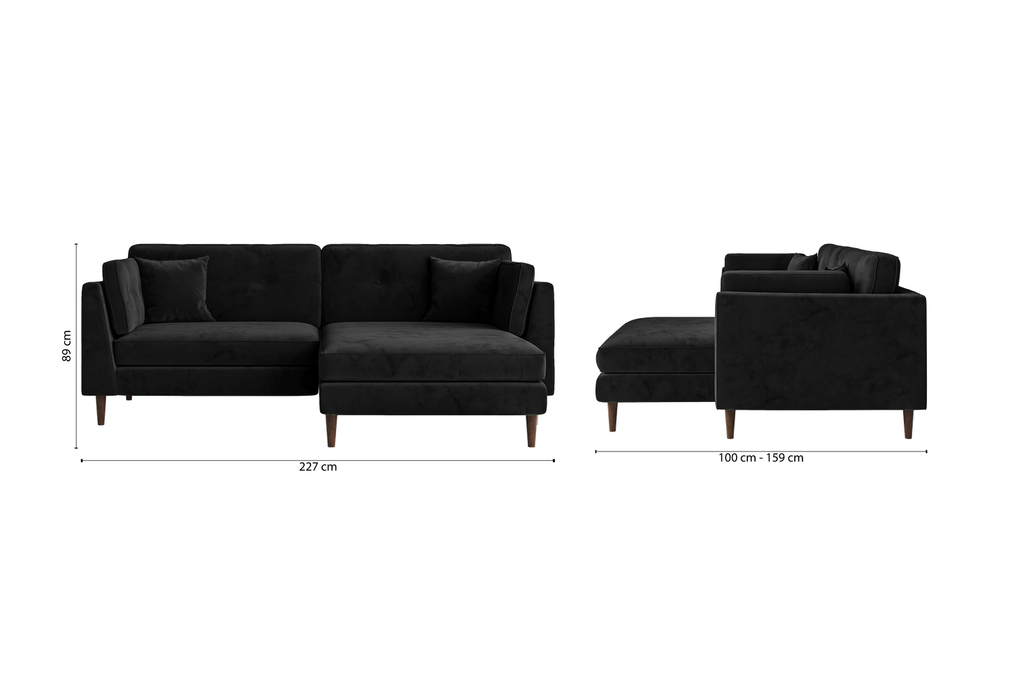 Ragusa 3 Seater Right Hand Facing Chaise Lounge Corner Sofa Black Velvet