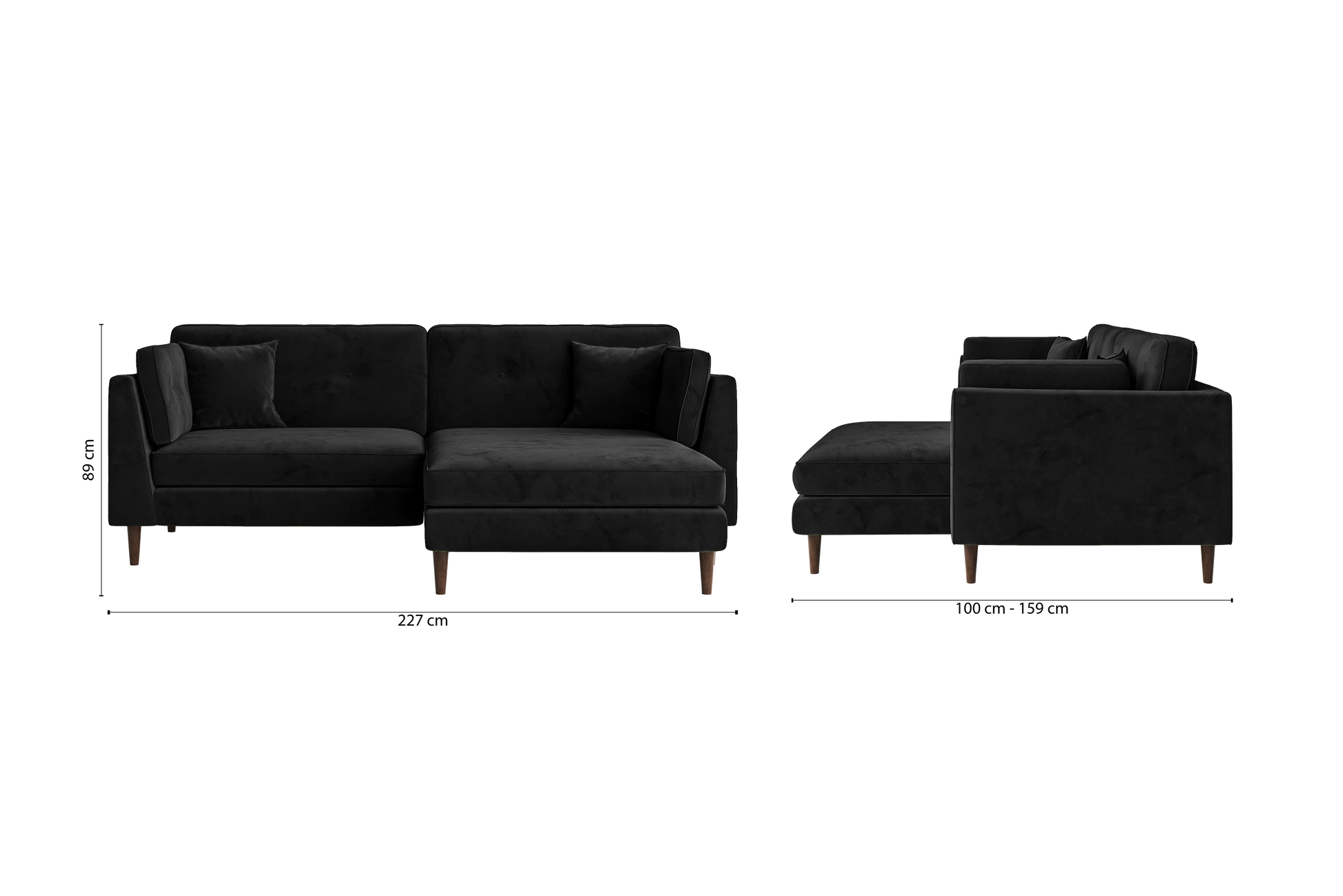 Ragusa 3 Seater Right Hand Facing Chaise Lounge Corner Sofa Black Velvet