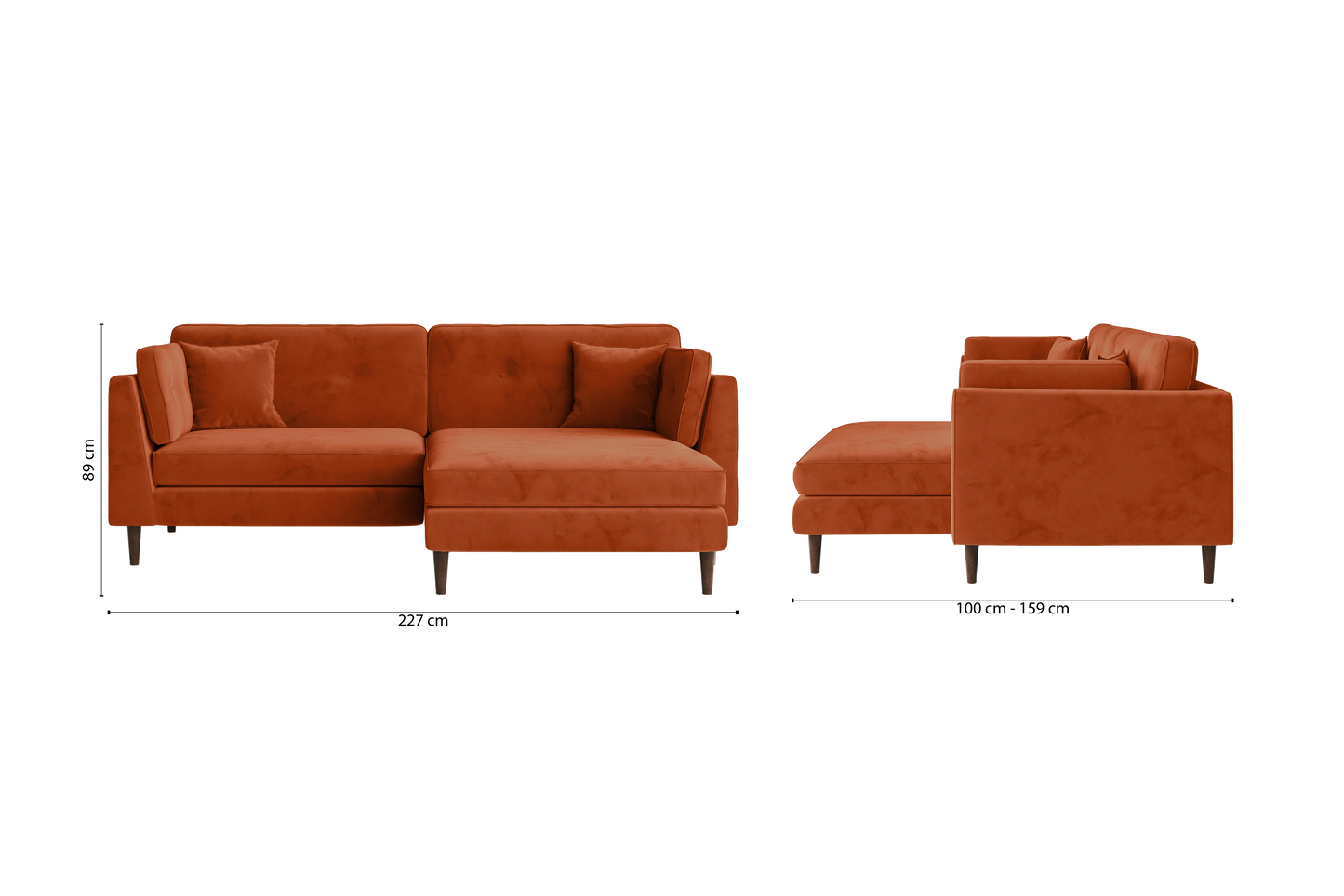 Ragusa 3 Seater Right Hand Facing Chaise Lounge Corner Sofa Orange Velvet