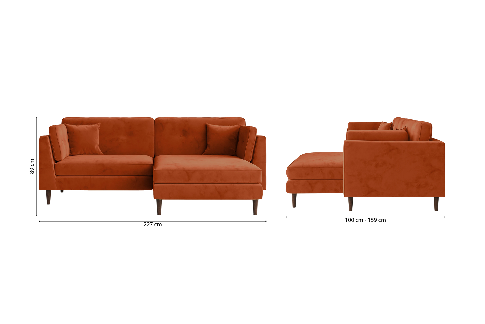 Ragusa 3 Seater Right Hand Facing Chaise Lounge Corner Sofa Orange Velvet