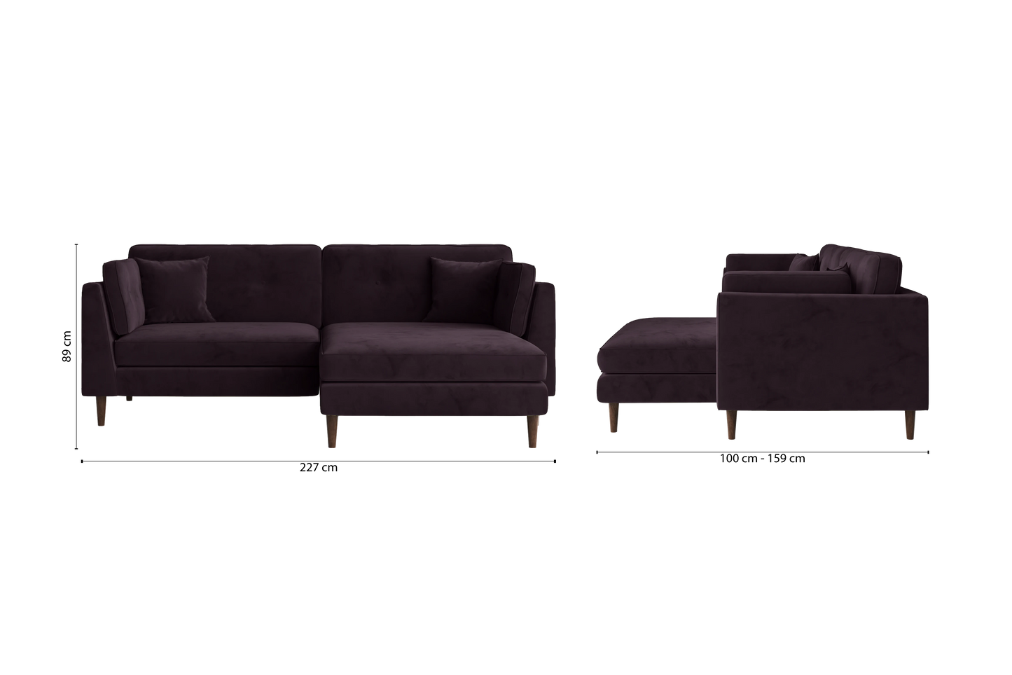 Ragusa 3 Seater Right Hand Facing Chaise Lounge Corner Sofa Purple Velvet