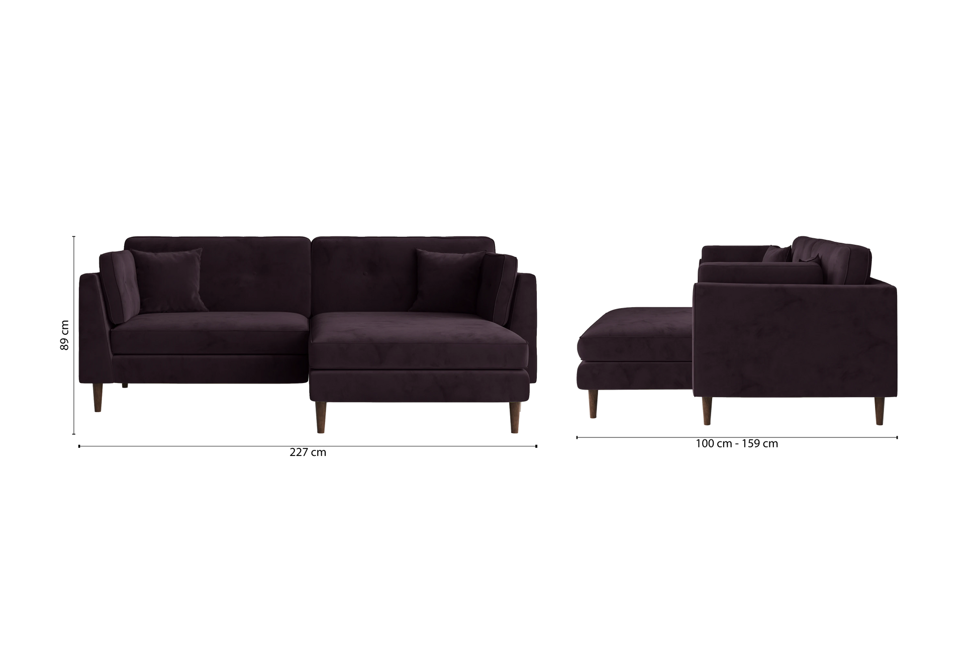 Ragusa 3 Seater Right Hand Facing Chaise Lounge Corner Sofa Purple Velvet