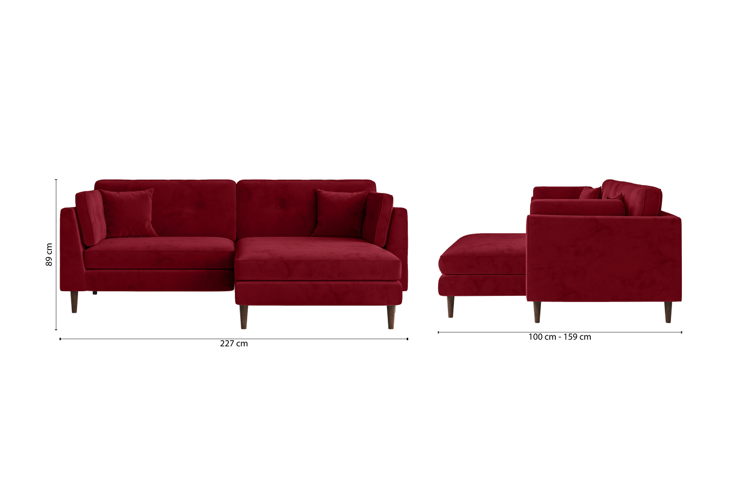 Ragusa 3 Seater Right Hand Facing Chaise Lounge Corner Sofa Red Velvet