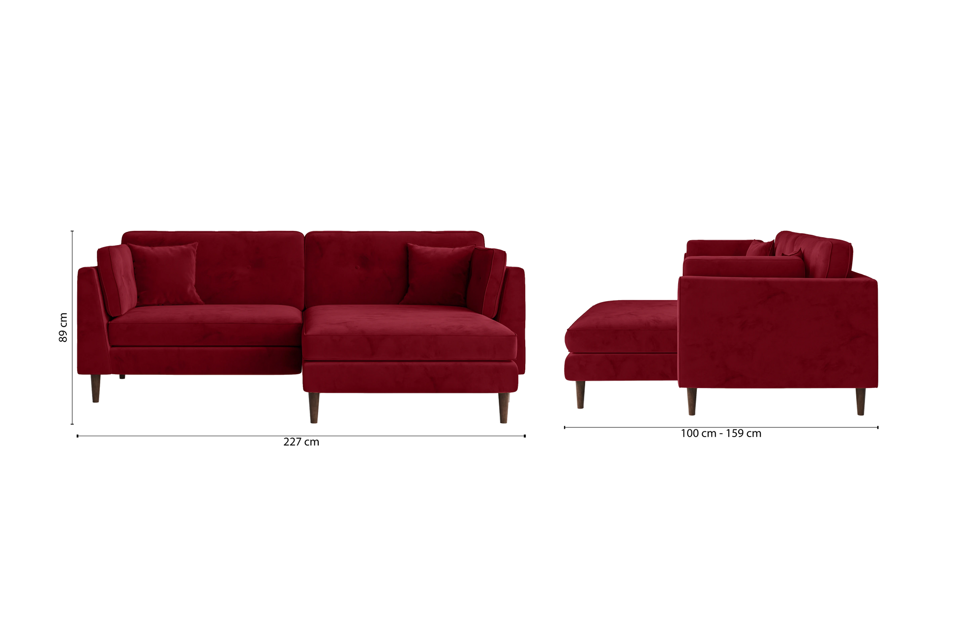 Ragusa 3 Seater Right Hand Facing Chaise Lounge Corner Sofa Red Velvet