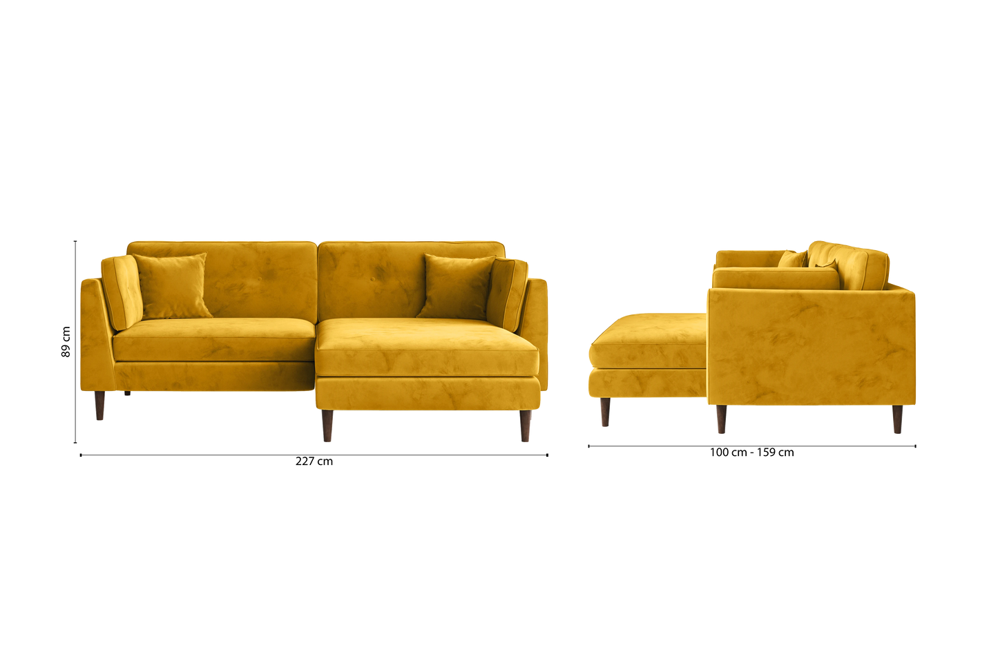 Ragusa 3 Seater Right Hand Facing Chaise Lounge Corner Sofa Yellow Velvet