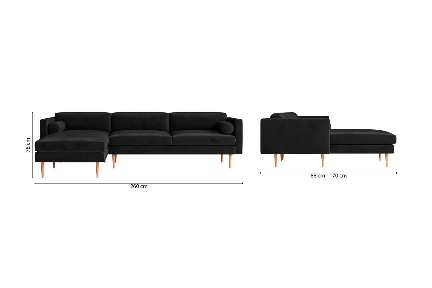 Salerno 3 Seater Left Hand Facing Chaise Lounge Corner Sofa Black Velvet