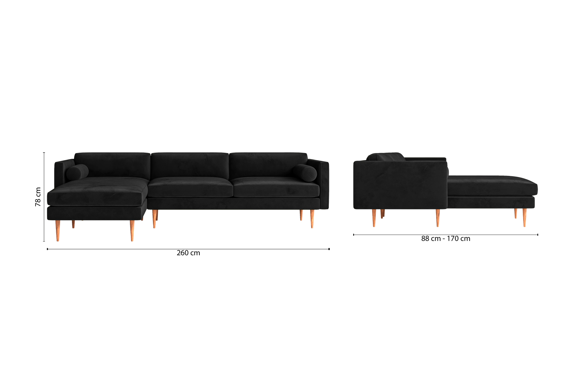 Salerno 3 Seater Left Hand Facing Chaise Lounge Corner Sofa Black Velvet