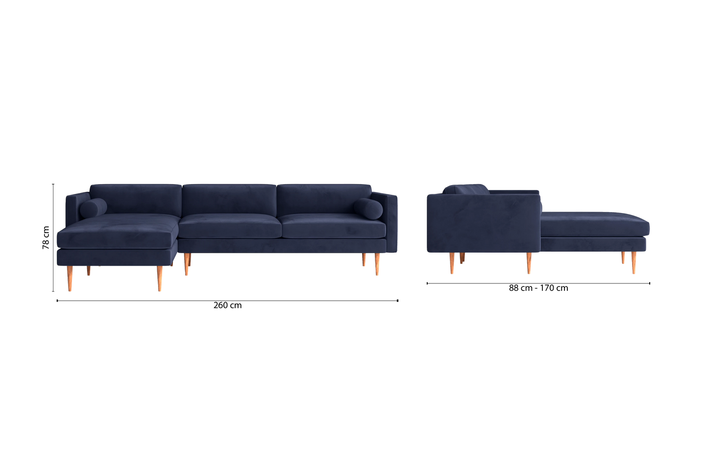 Salerno 3 Seater Left Hand Facing Chaise Lounge Corner Sofa Dark Blue Velvet