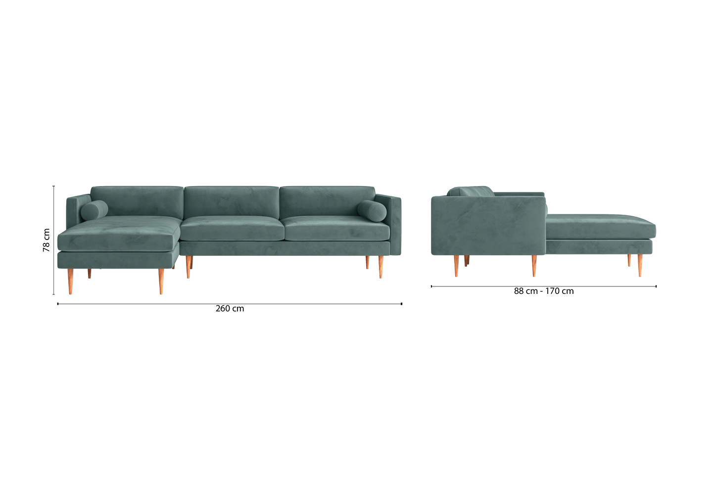 Salerno 3 Seater Left Hand Facing Chaise Lounge Corner Sofa Teal Velvet