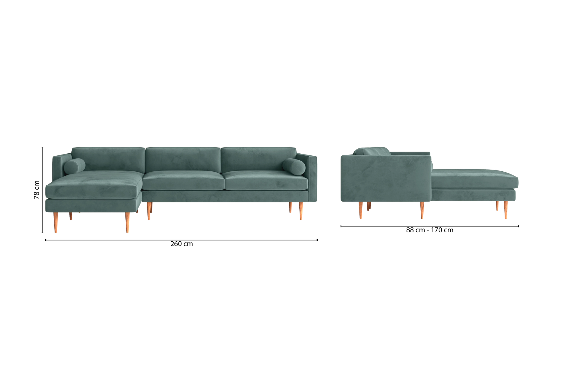 Salerno 3 Seater Left Hand Facing Chaise Lounge Corner Sofa Teal Velvet