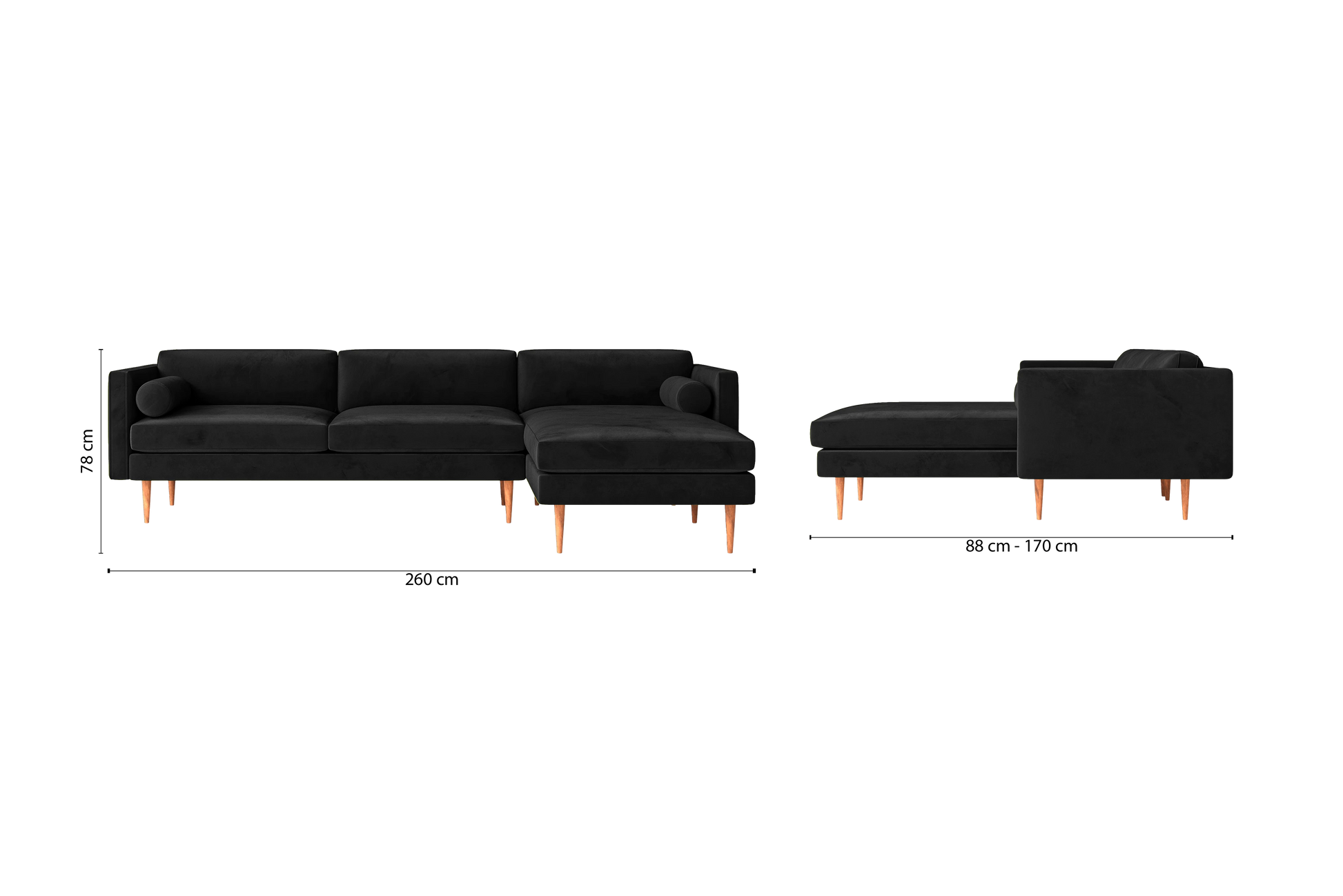 Salerno 3 Seater Right Hand Facing Chaise Lounge Corner Sofa Black Velvet