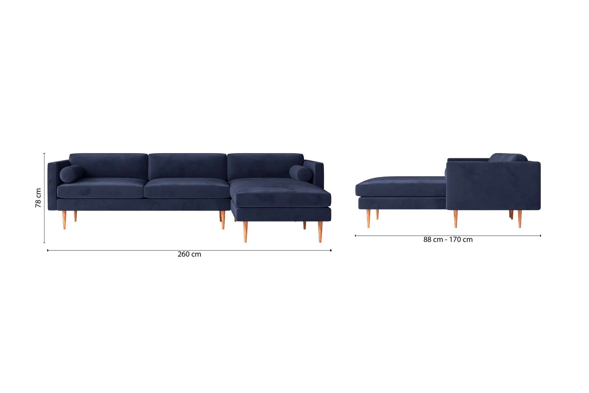 Salerno 3 Seater Right Hand Facing Chaise Lounge Corner Sofa Dark Blue Velvet