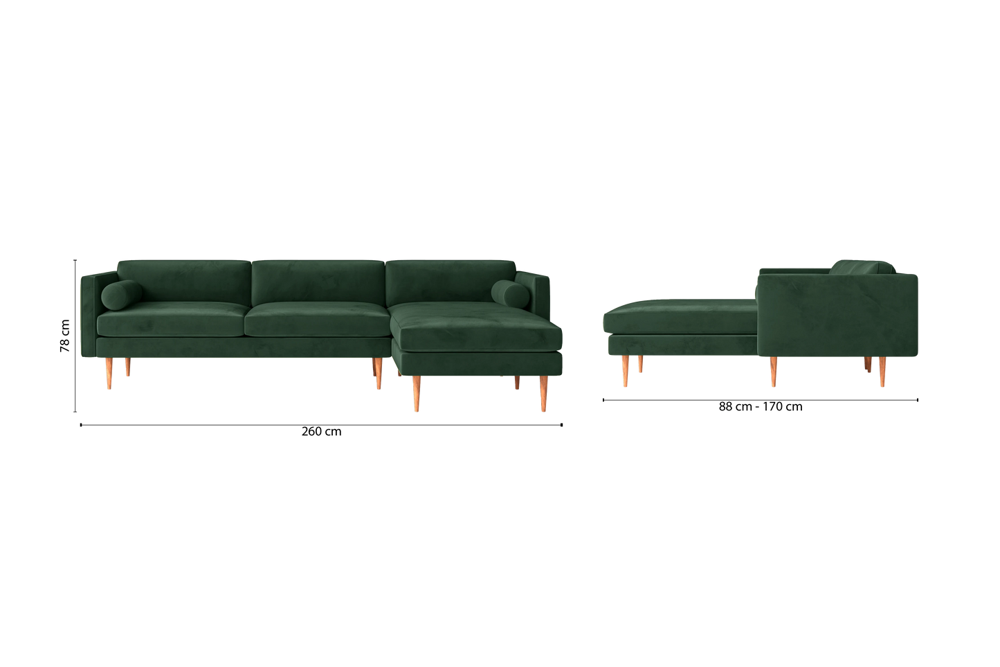 Salerno 3 Seater Right Hand Facing Chaise Lounge Corner Sofa Green Velvet