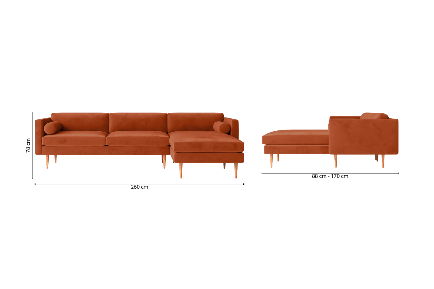 Salerno 3 Seater Right Hand Facing Chaise Lounge Corner Sofa Orange Velvet