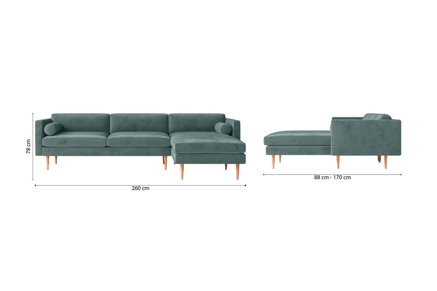 Salerno 3 Seater Right Hand Facing Chaise Lounge Corner Sofa Teal Velvet