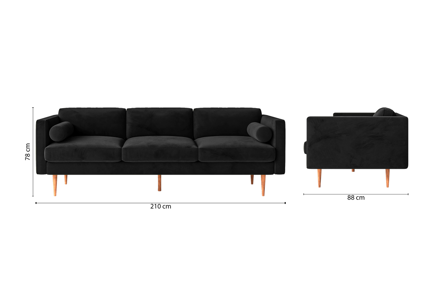 Salerno 3 Seater Sofa Black Velvet