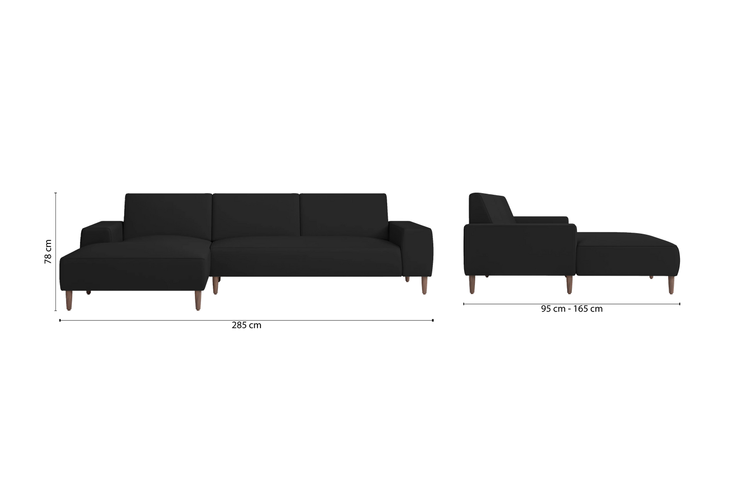 Treviso 3 Seater Left Hand Facing Chaise Lounge Corner Sofa Black Leather