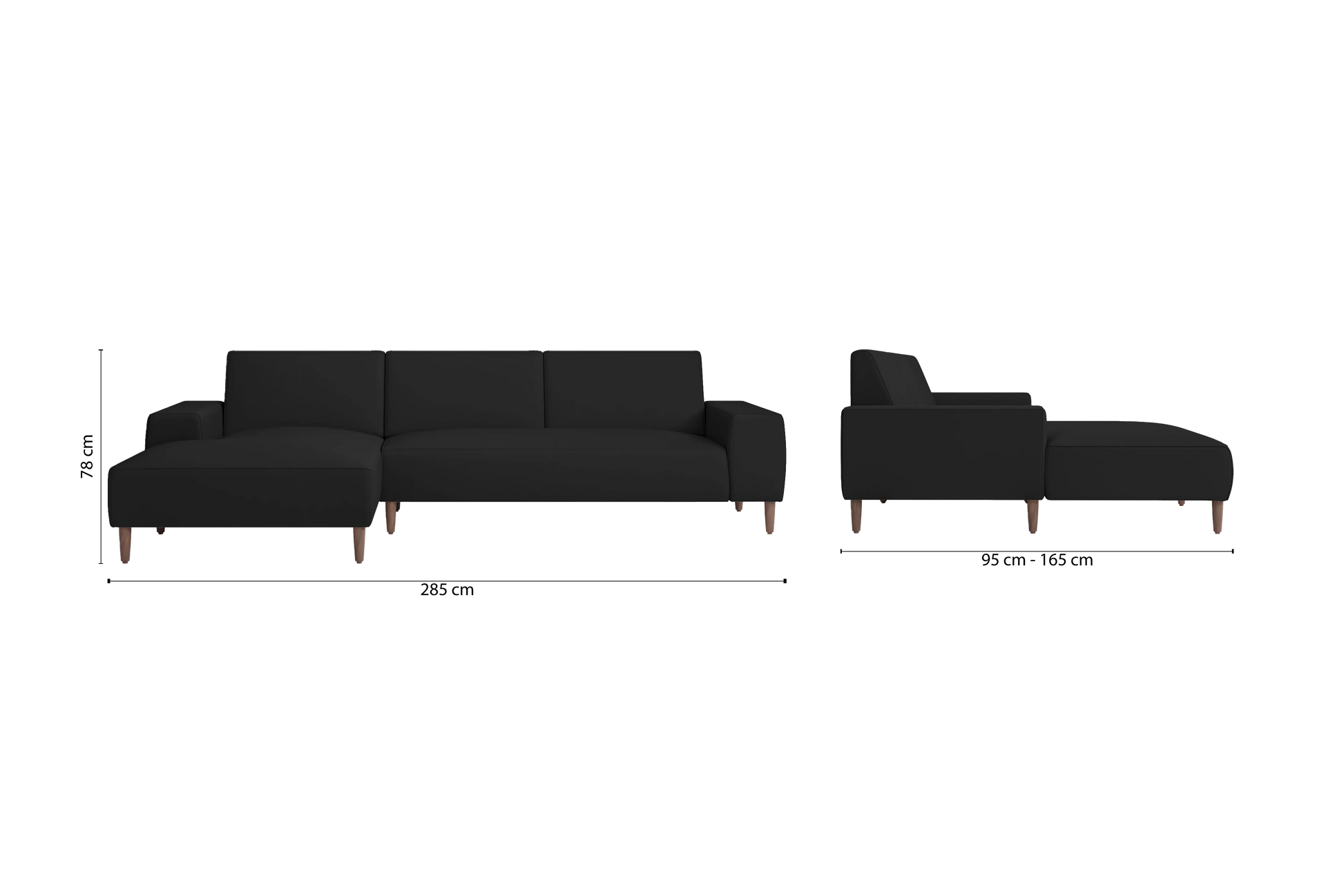 Treviso 3 Seater Left Hand Facing Chaise Lounge Corner Sofa Black Leather