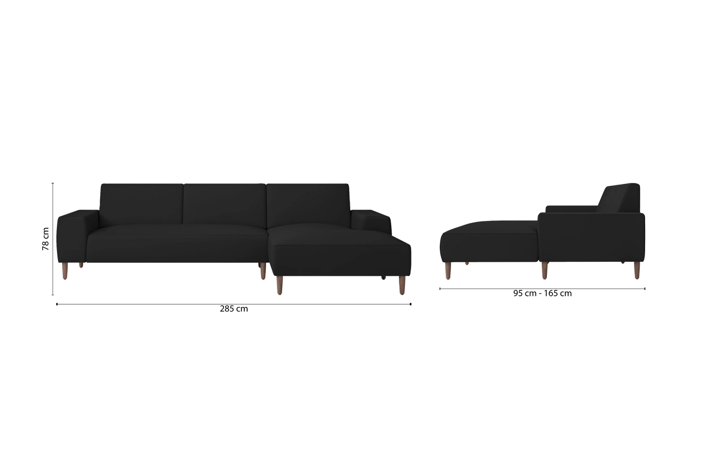 Treviso 3 Seater Right Hand Facing Chaise Lounge Corner Sofa Black Leather