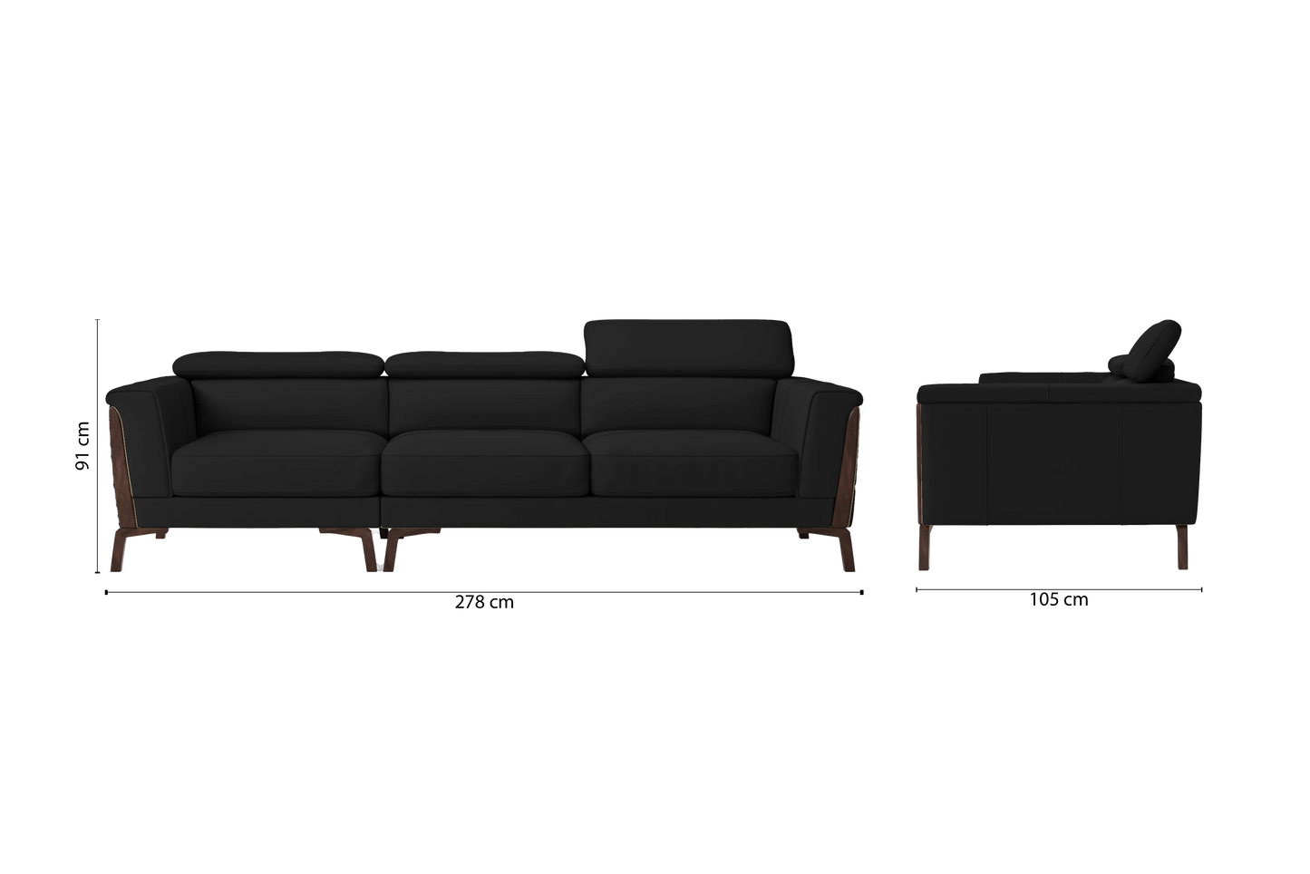 Turin 3 Seater Sofa Black Leather