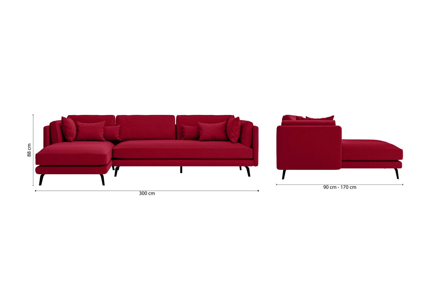 Velletri 4 Seater Left Hand Facing Chaise Lounge Corner Sofa Red Linen Fabric