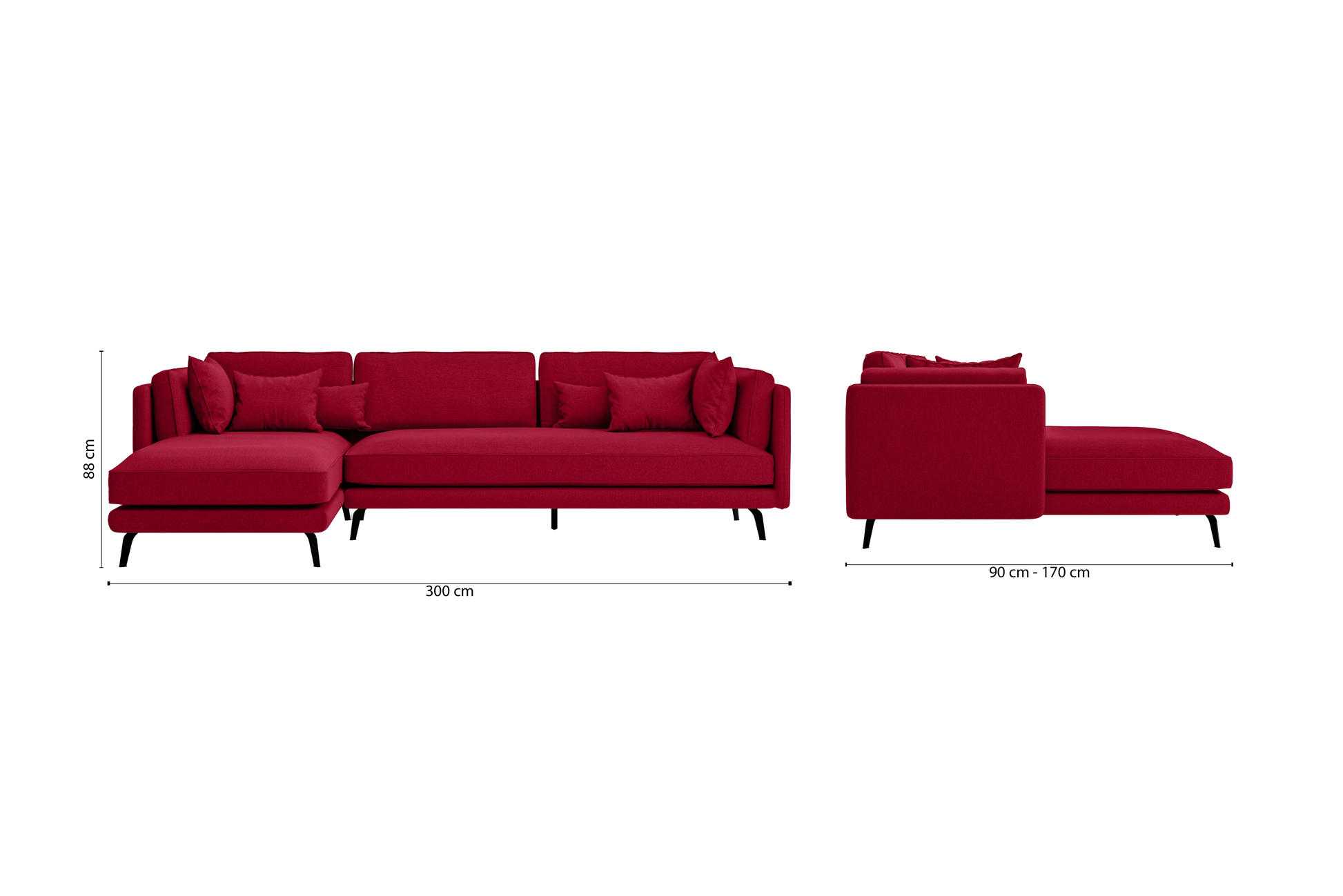 Velletri 4 Seater Left Hand Facing Chaise Lounge Corner Sofa Red Linen Fabric