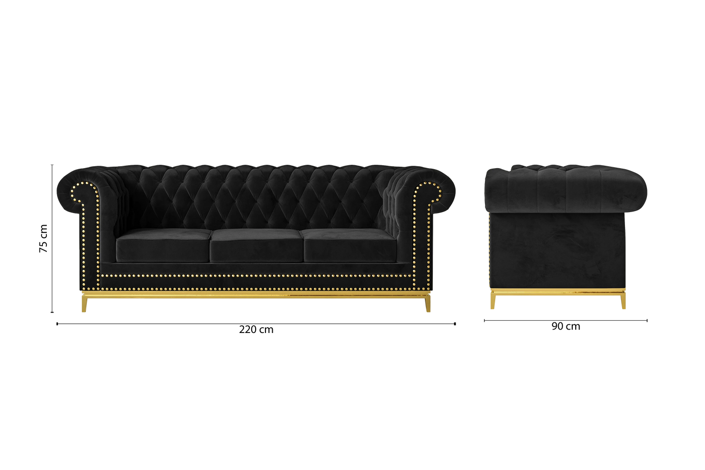 Venice 3 Seater Sofa Black Velvet