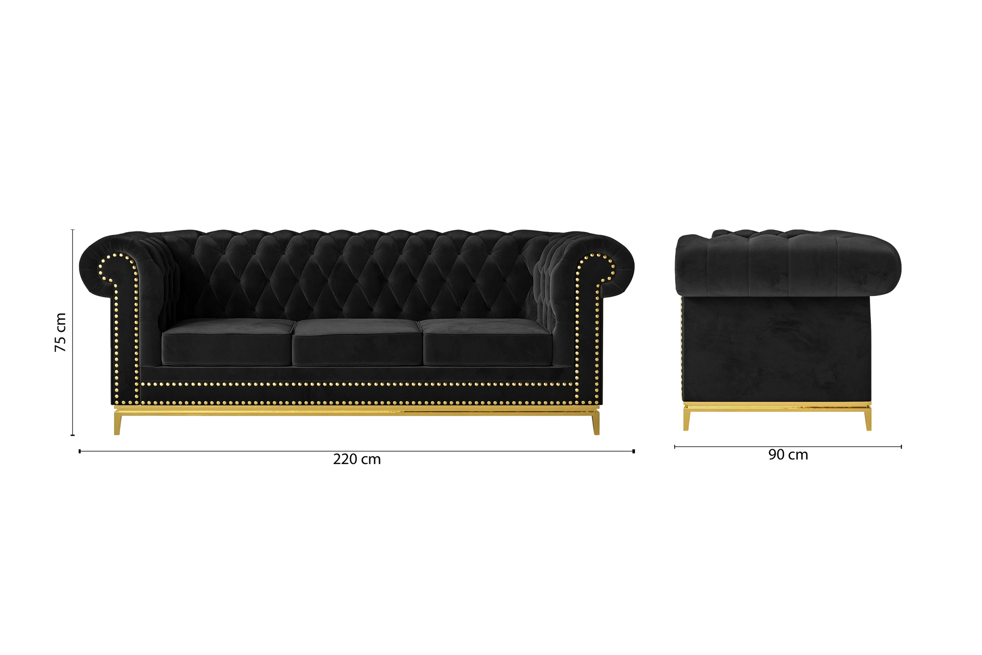 Venice 3 Seater Sofa Black Velvet