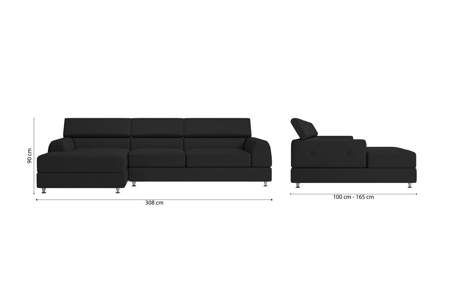 Vicenza 3 Seater Left Hand Facing Chaise Lounge Corner Sofa Black Leather