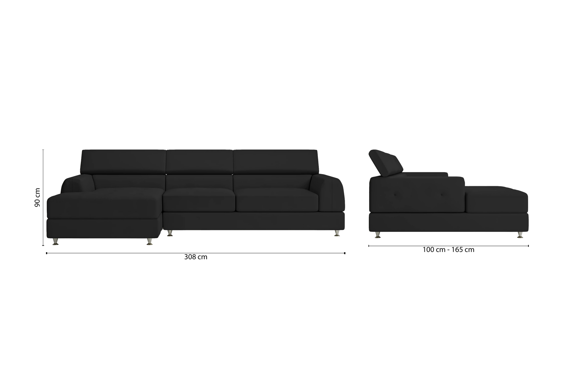 Vicenza 3 Seater Left Hand Facing Chaise Lounge Corner Sofa Black Leather