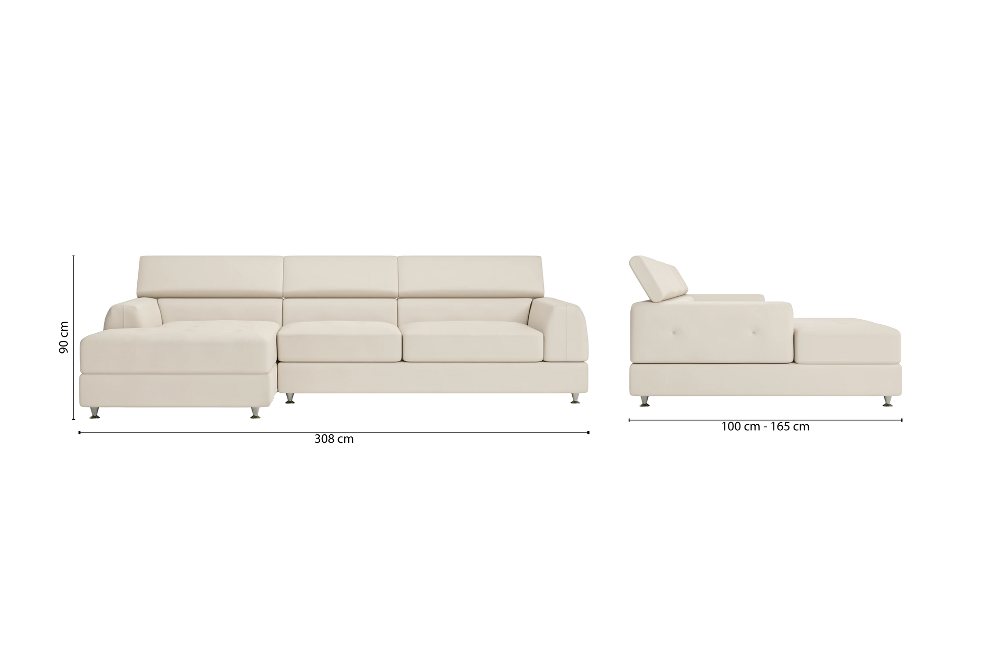 Vicenza 3 Seater Left Hand Facing Chaise Lounge Corner Sofa Cream Leather