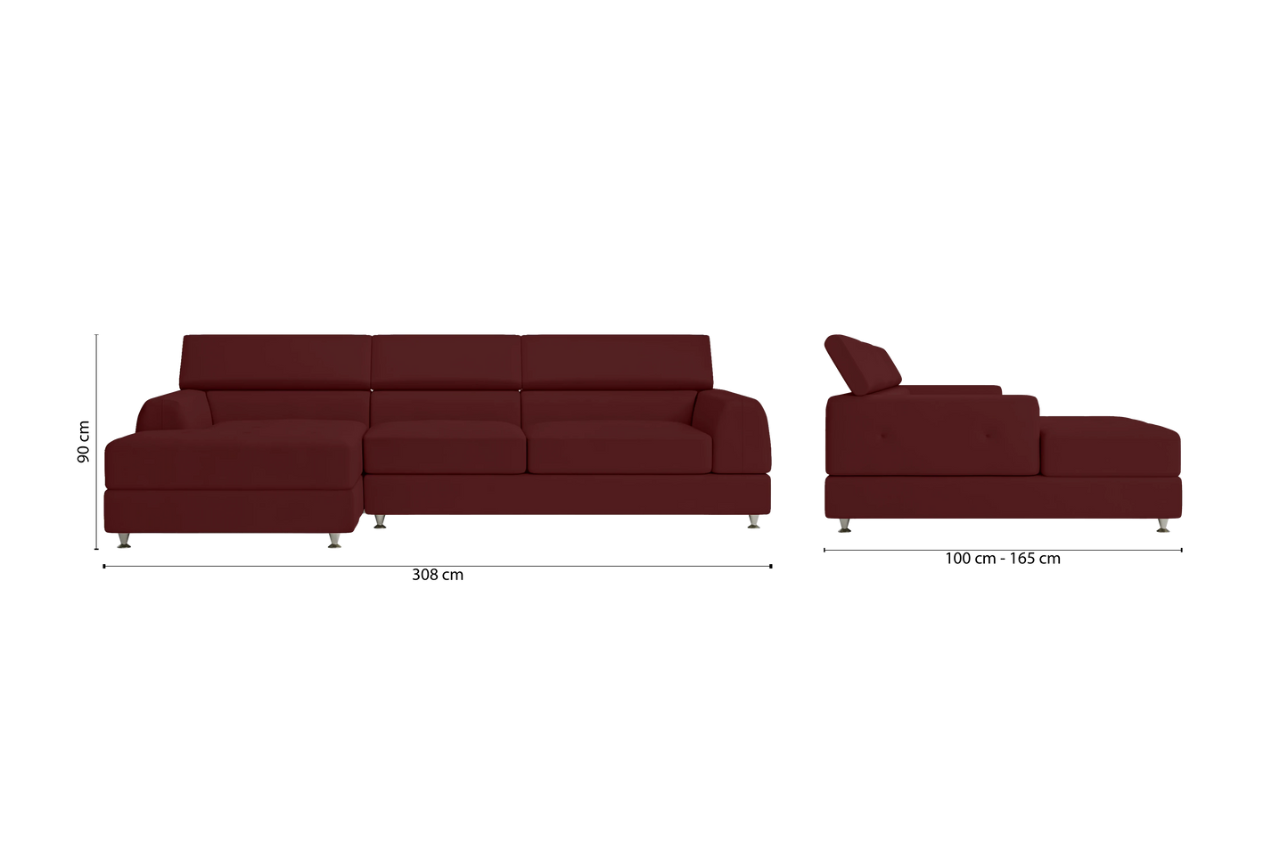 Vicenza 3 Seater Left Hand Facing Chaise Lounge Corner Sofa Red Leather