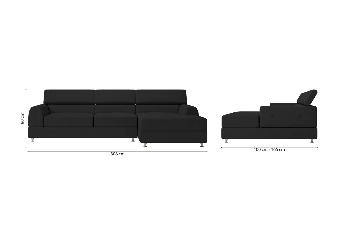 Vicenza 3 Seater Right Hand Facing Chaise Lounge Corner Sofa Black Leather