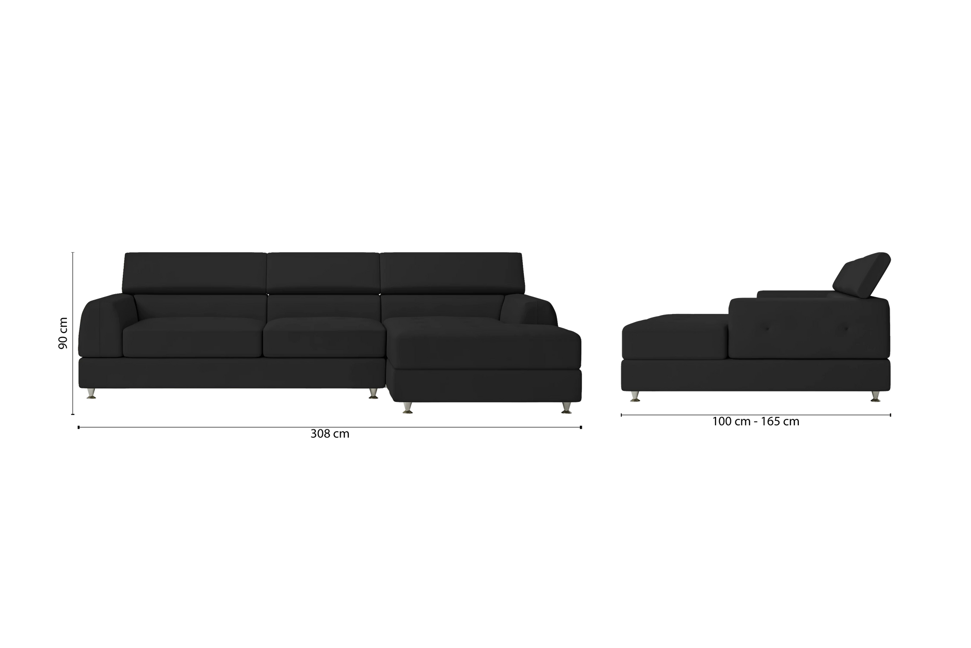 Vicenza 3 Seater Right Hand Facing Chaise Lounge Corner Sofa Black Leather