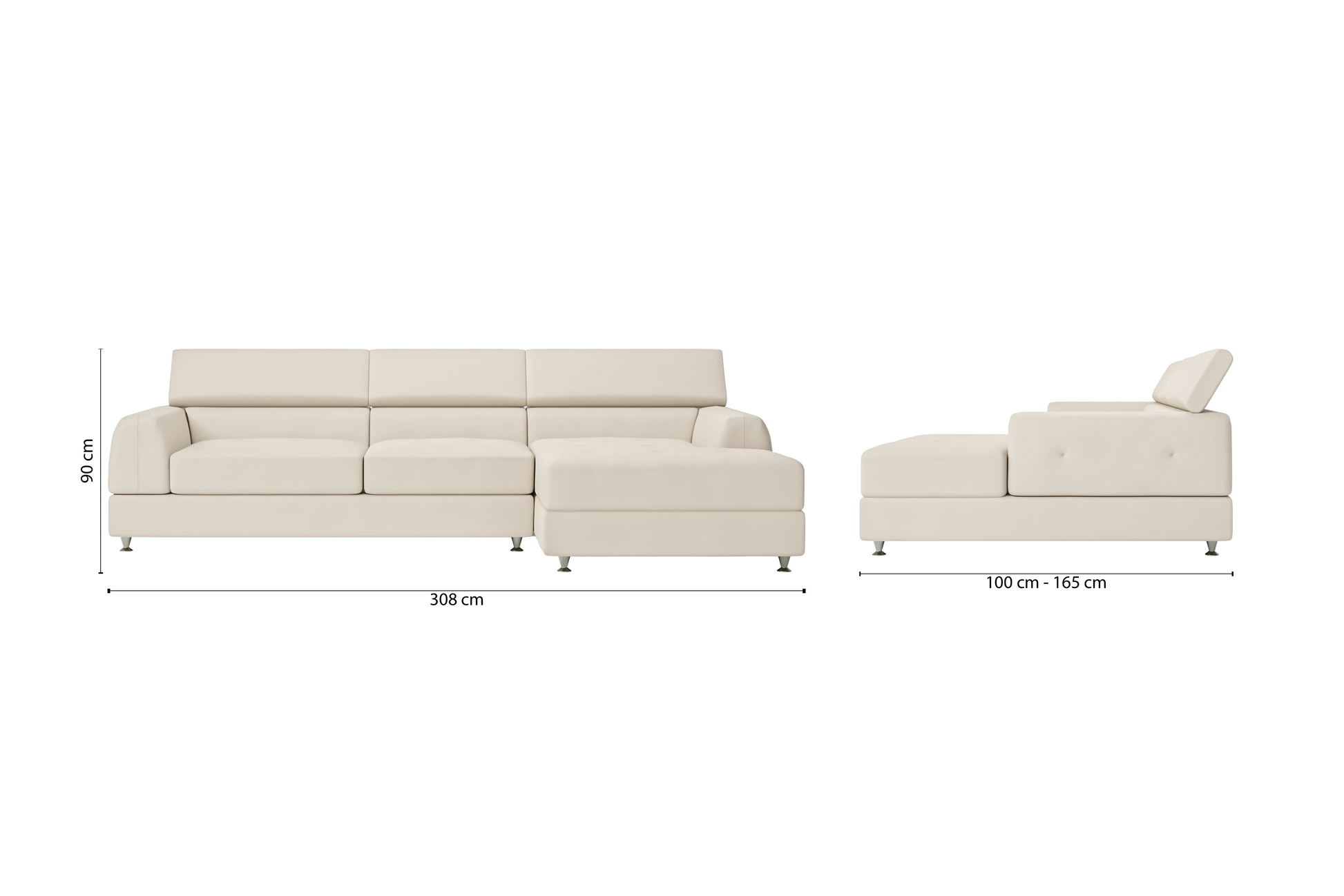 Vicenza 3 Seater Right Hand Facing Chaise Lounge Corner Sofa Cream Leather