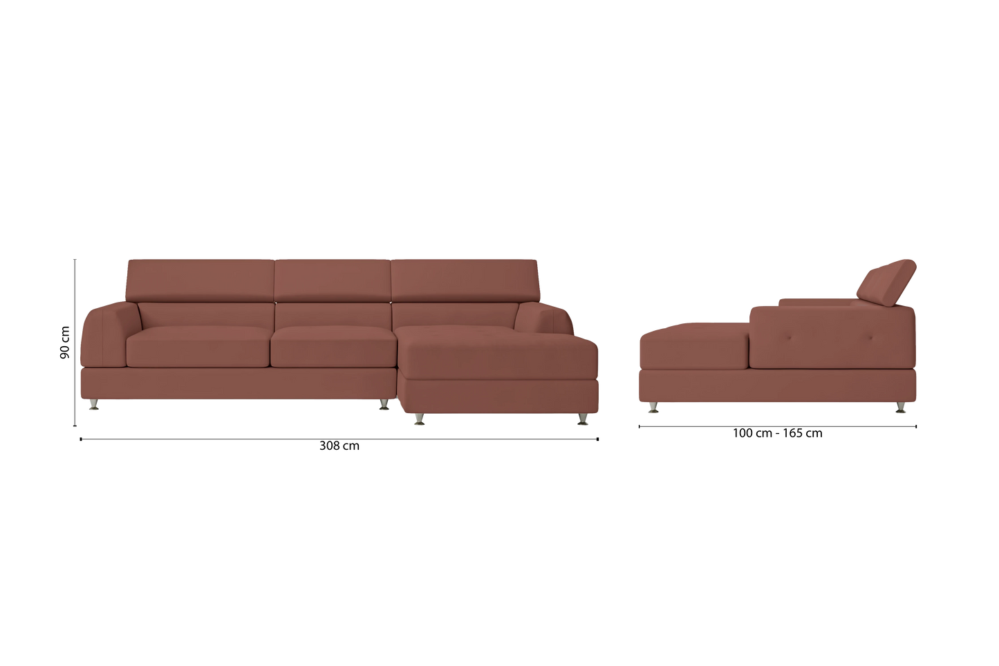 Vicenza 3 Seater Right Hand Facing Chaise Lounge Corner Sofa Mauve Leather