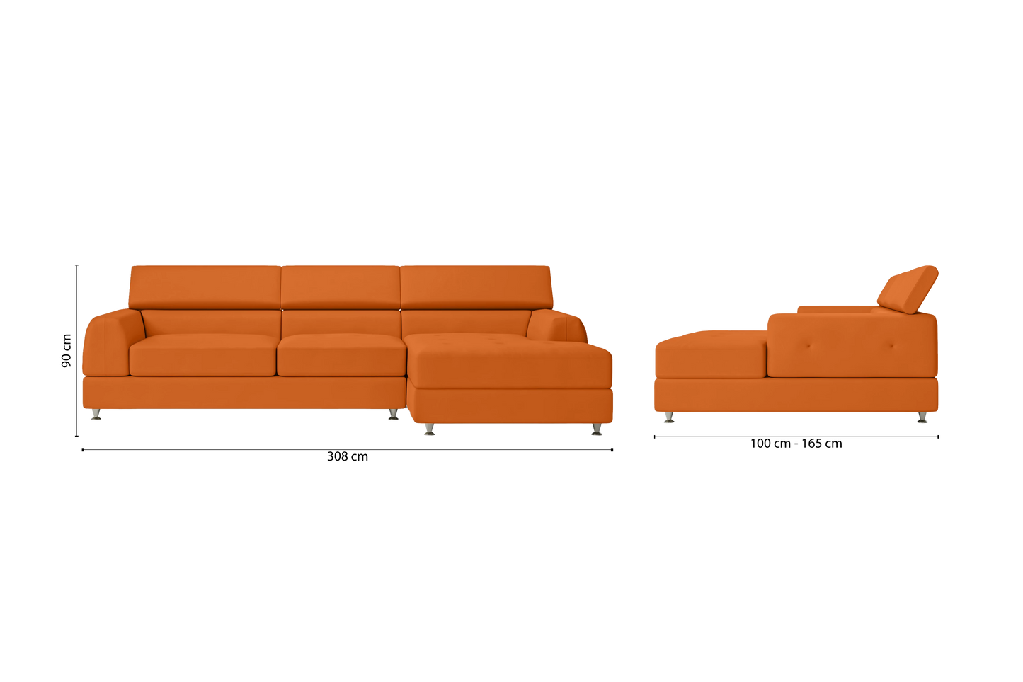 Vicenza 3 Seater Right Hand Facing Chaise Lounge Corner Sofa Orange Leather