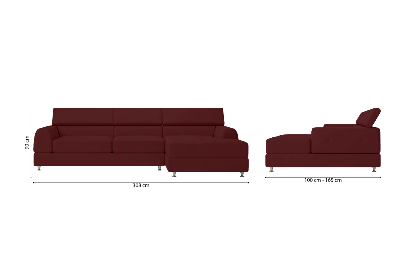 Vicenza 3 Seater Right Hand Facing Chaise Lounge Corner Sofa Red Leather