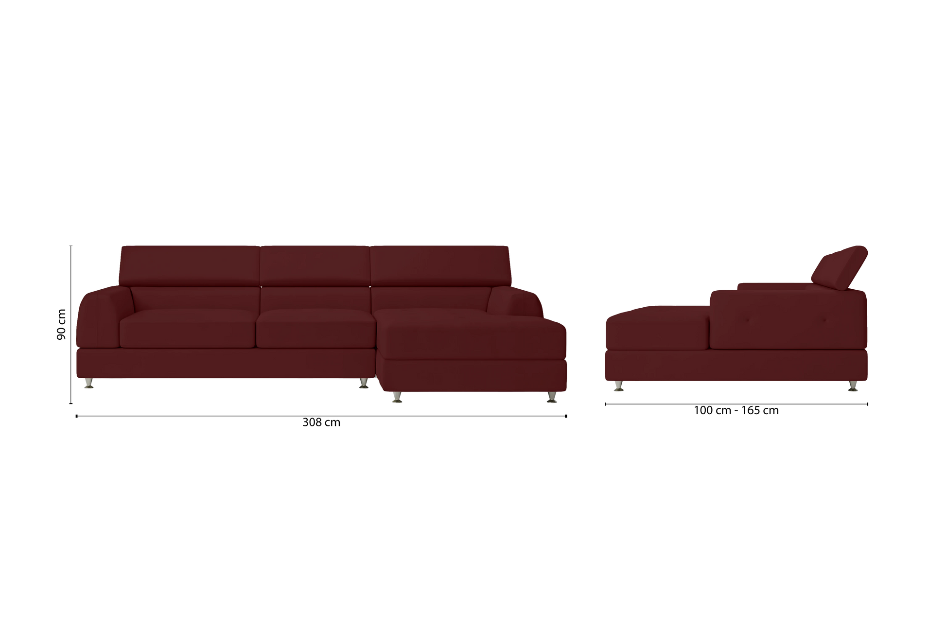 Vicenza 3 Seater Right Hand Facing Chaise Lounge Corner Sofa Red Leather