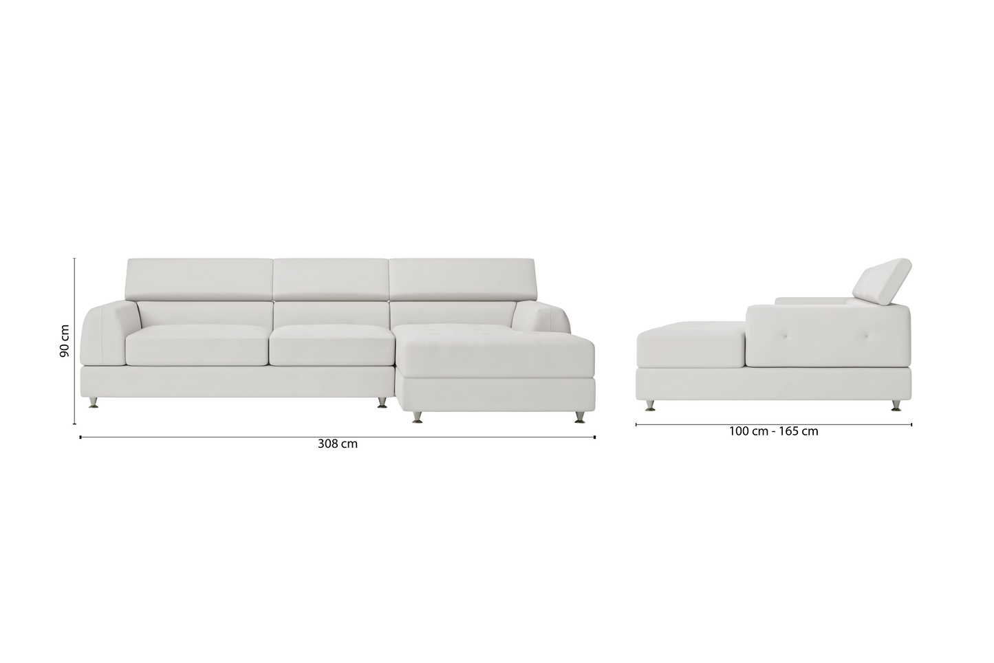 Vicenza 3 Seater Right Hand Facing Chaise Lounge Corner Sofa White Leather