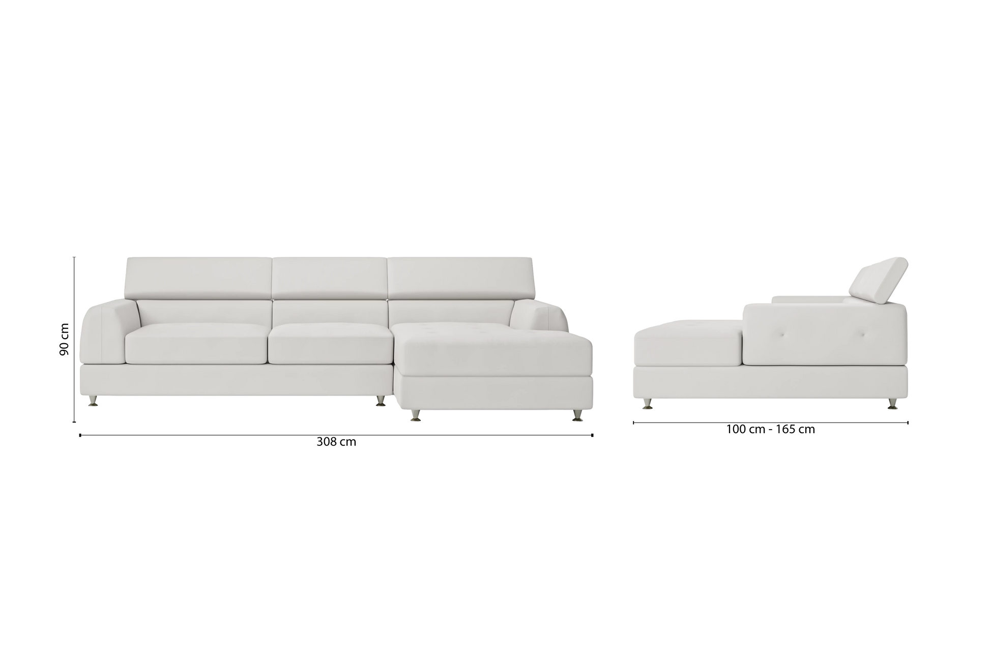 Vicenza 3 Seater Right Hand Facing Chaise Lounge Corner Sofa White Leather