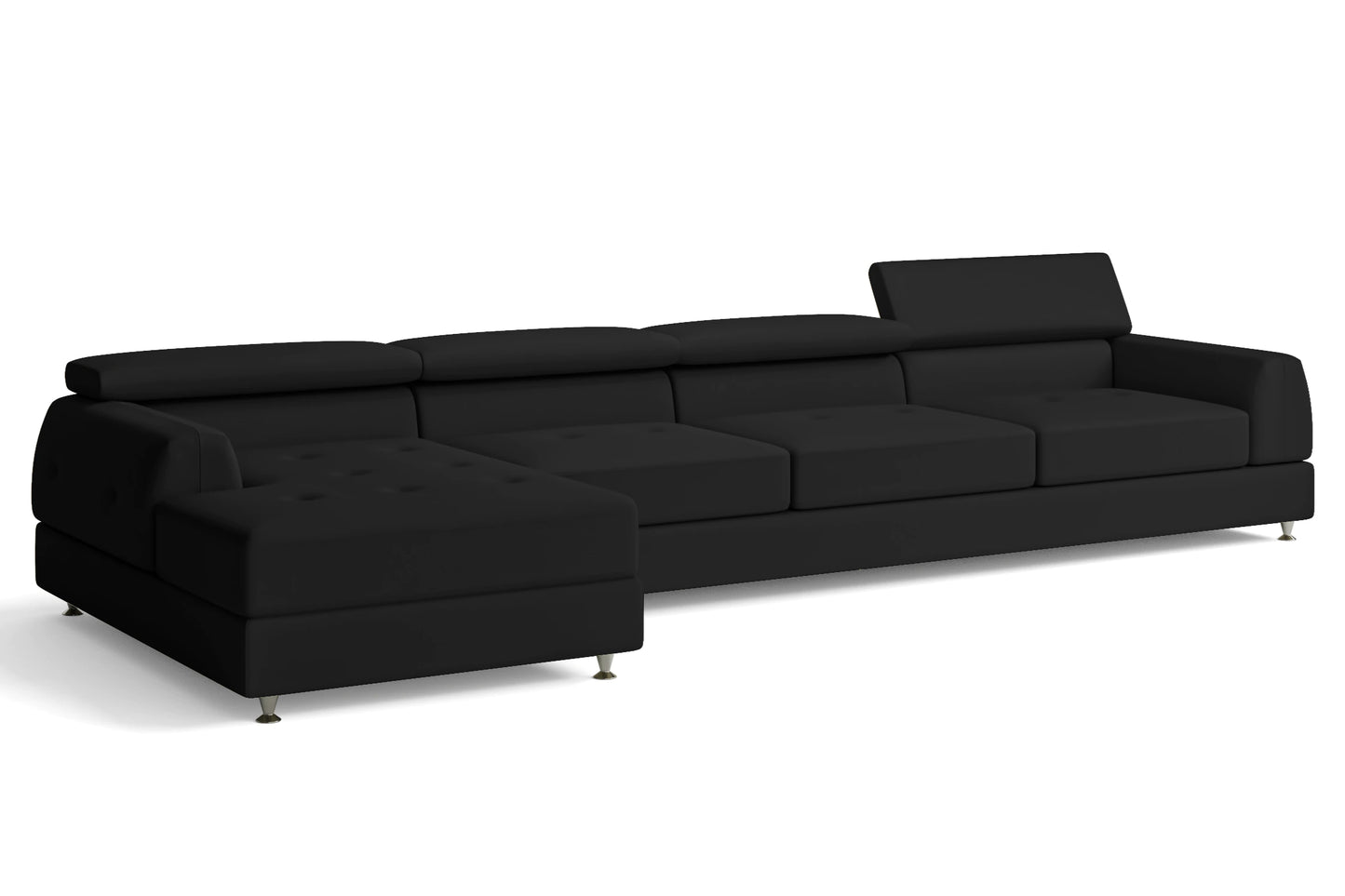 Vicenza 4 Seater Left Hand Facing Chaise Lounge Corner Sofa Black Leather